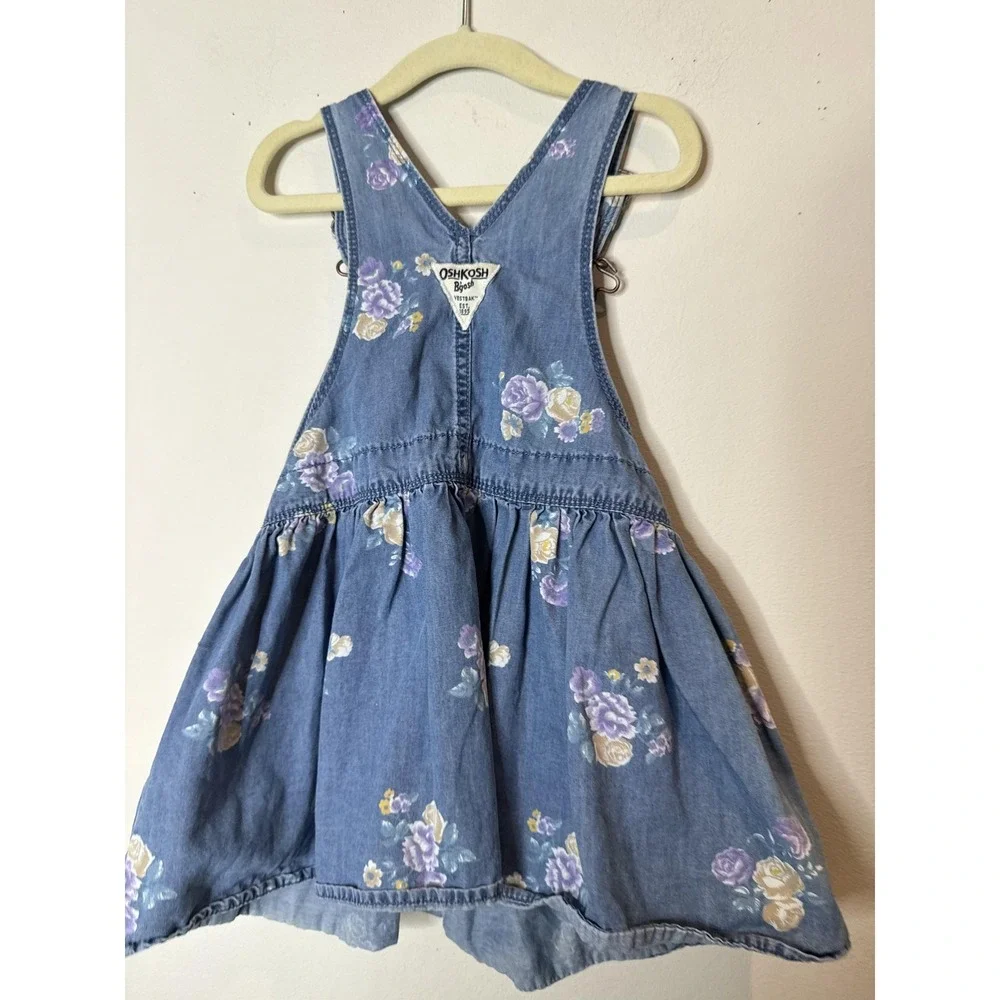 OshKosh B'gosh Overall Dress Girls 3T Blue Floral Denim Adjustable Skirt